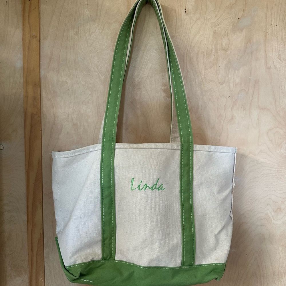 LL Bean Tote Bag Green and Cream Canvas Tote Bag